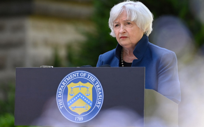 US Treasury Secretary Janet Yellen speaks to journalists on the sidelines of a meeting of finance ministers and central bankers from the Group of Seven industrialised nations (G7) on May 18, 2022 in Koenigswinter near Bonn, western Germany. Picture: Ina Fassbender / AFP.