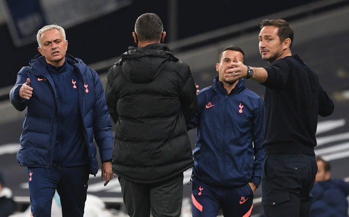 FILE: Tottenham Hotspur's head coach Jose Mourinho (L) and Chelsea's head coach Frank Lampard (R) gesture during the English League Cup fourth round football match between Tottenham Hotspur and Chelsea at Tottenham Hotspur Stadium in London, on 29 September 2020. Picture: AFP
