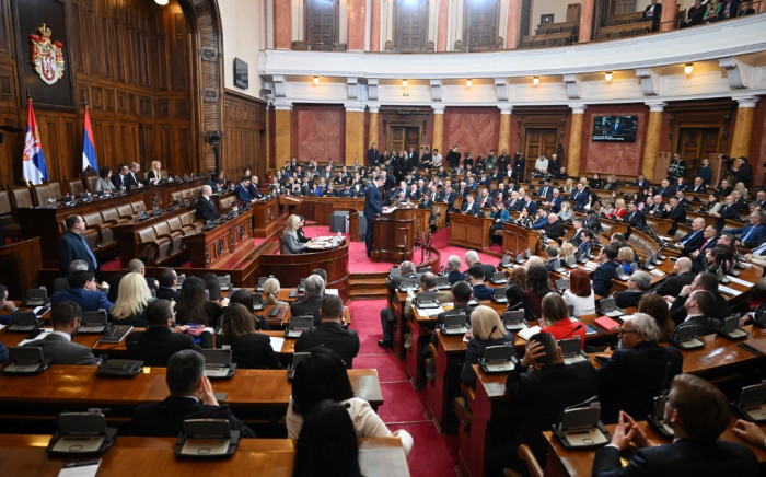 Serbian President Aleksandar Vucic addresses a special parliament session to inform MPs about the latest negotiating process with Kosovo at the National Assembly building in Belgrade on February 2, 2023. Picture: ANDREJ ISAKOVIC / AFP