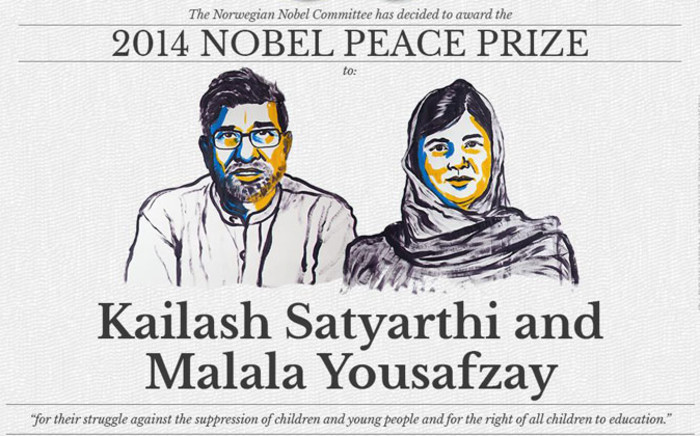The Nobel Prize 2014 in Peace has been awarded to Indian Kailash Satyarthi and Pakistani Malala Yousafzay on 10 October 2014. Picture: @ Nobel Peace Prize via Twitter. 