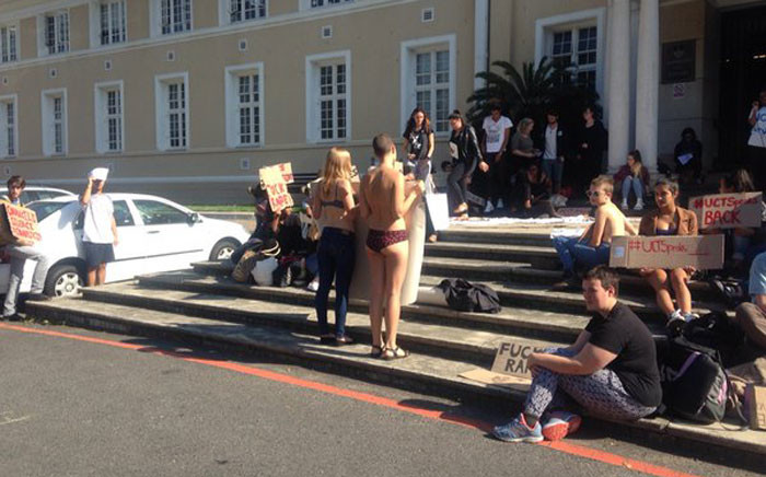 Dozens of students have gathered outside the Bremner Building to discuss sexual assault and sexual harassment at UCT on 11 May, 2016. Picture: Shamiela Fisher/EWN.
