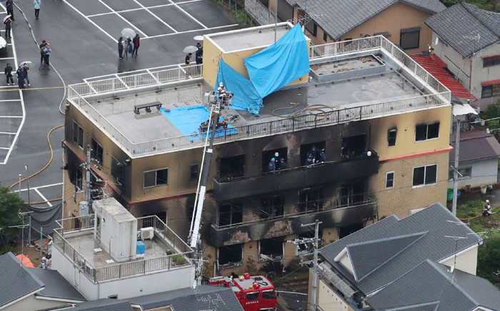 This aerial view shows the rescue and recovery scene after a fire at an animation company building killed some two dozen people in Kyoto on 18 July 2019. Picture: AFP