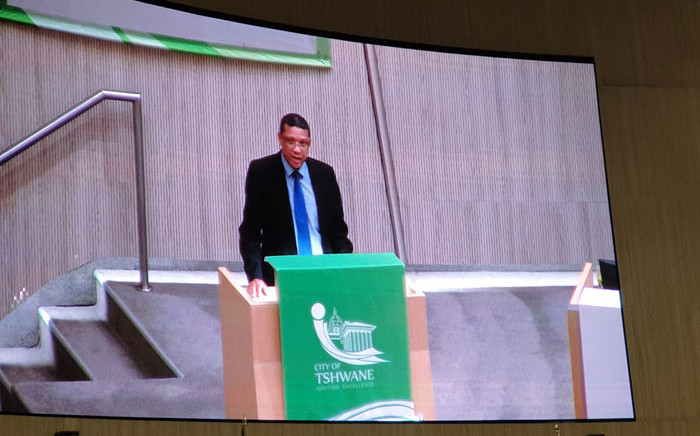 New City of Tshwane mayor, Randall Williams, makes a speech in a council meeting on 30 October 2020 after being elected mayor. Picture: @DAGauteng/Twitter
