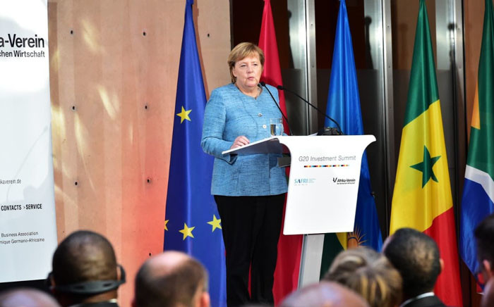 German Chancellor Angela Merkel addresses delegates at the G20 Summit. Picture: @PresidencyZA/Twitter