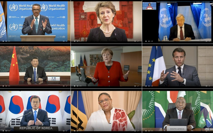 This combination created of nine video grabs taken on 18 May 2020 from the website of the World Health Organisation shows (top to bottom, L-R) WHO Director-General Tedros Adhanom Ghebreyesus, Swiss President Simonetta Sommaruga, UN Secretary-General Antonio Guterres, Chinese President Xi Jinping, German Chancellor Angela Merkel, French President Emmanuel Macron, South Korean President Moon Jae-in, Barbados Prime Minister Mia Mottley and South African President Cyril Ramaphosa delivering their speech via video link at the opening of the World Health Assembly virtual meeting from the WHO headquarters in Geneva, amid the COVID-19 pandemic, caused by the novel coronavirus. Picture: AFP