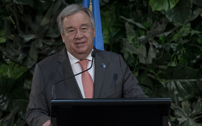 Secretary-General António Guterres addresses the media alongside Jacinda Ardern (not pictured), Prime Minister of New Zealand, upon his arrival to the country. Picture: United Nations Photo.