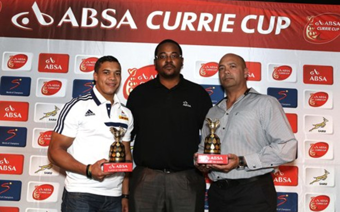 Absa Currie Cup Player of the Month Cheslin Kolbe (DHL Western Province), Batandwa Ntlabati (Marketing Manager KZN Absa Group Marketing & Communications) and Trevor Barnes (Sharks Team Manager). Picture: Howard Cleland