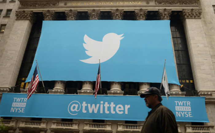 FILE: A banner with the logo of Twitter is set on the front of the New York Stock Exchange on 7 November, 2013 in New York. Picture: AFP