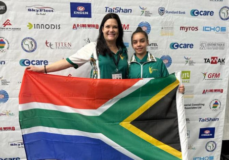  South African athlete Isabella Sancho and Coach Cecile Steyn in Mauritius for African Games. Picture: Allegro Rhythmic Gymnastics Club/ Facebook.
