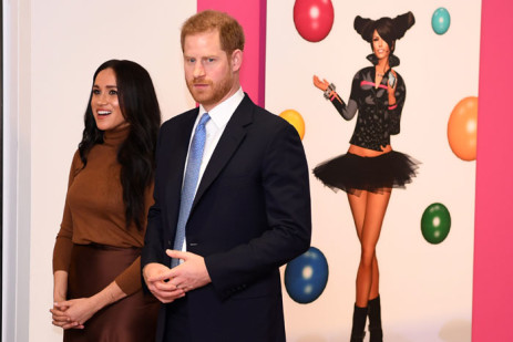 Britain's Prince Harry, Duke of Sussex and Meghan, Duchess of Sussex react as they view a special exhibition of art by Indigenous Canadian artist, Skawennati, in the Canada Gallery during their visit to Canada House, in London on 7 January 2020, to give thanks for the warm Canadian hospitality and support they received during their recent stay in Canada. Picture: AFP