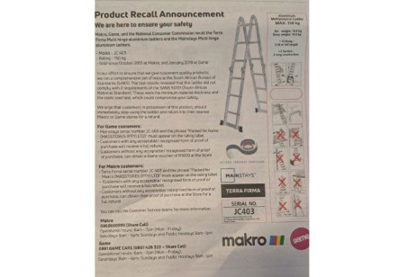 El retiro del producto de Massmart, publicado en los periódicos a principios de esta semana.  Imagen: Suministrado