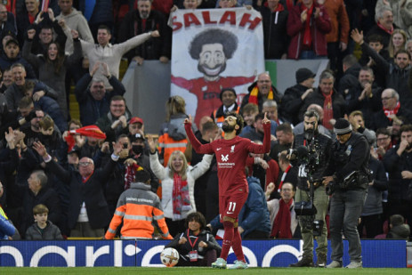 Liverpool's Mohamed Salah (C) celebrates after scoring the opening goal during the English Premier League football match between Liverpool and Manchester City at Anfield in Liverpool, north west England on 16 October 2022. Picture: Oli SCARFF / AFP