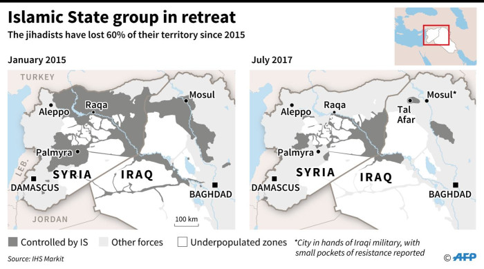 Comparison of zones controlled by Islamic State group from January 2015 to July 2017.