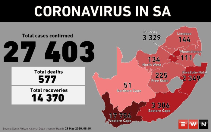 South Africa's coronavirus statistics as released by the National Department of Health on 28 May 2020. Picture: Abigail Xavier/EWN