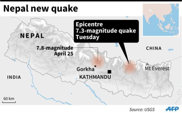 Map locating the epicentre of a 7.3-magnitude quake in Nepal on Tuesday. Source: AFP.