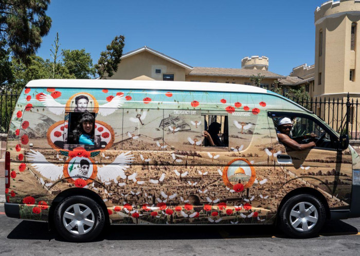 A 'Taxis for Peace' owner has his vehicle covered in art to remember the lives of those who have perished in Palestine. Picture: Kayleen Morgan/Eyewitness News