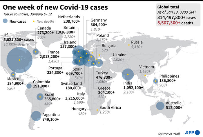 An infographic highlighting the 20 countries with the largest number of COVID-19 cases and deaths in the past week (6-12 January). Picture: AFP