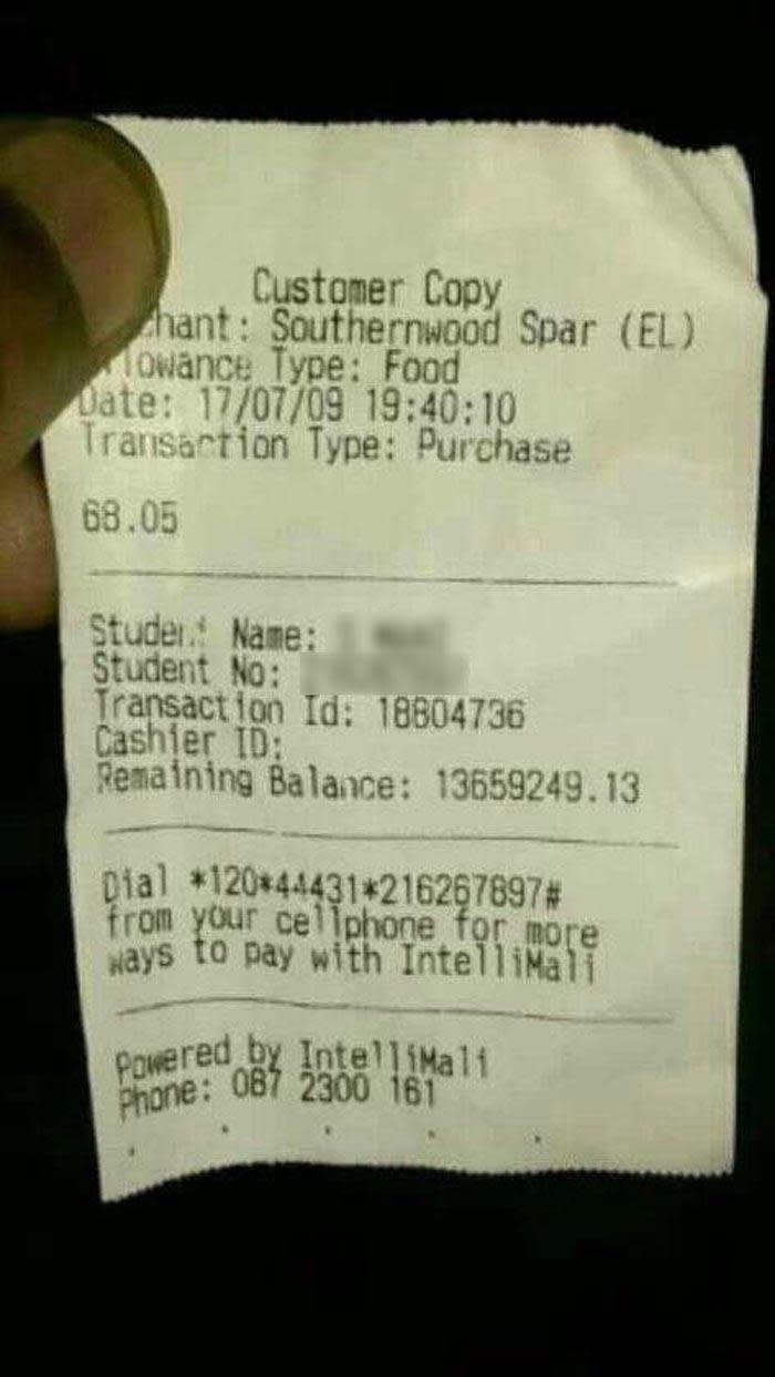 A receipt from a grocery store showing a balance on a Walter Sisulu University student's account of more than R13 million. Picture: Supplied.