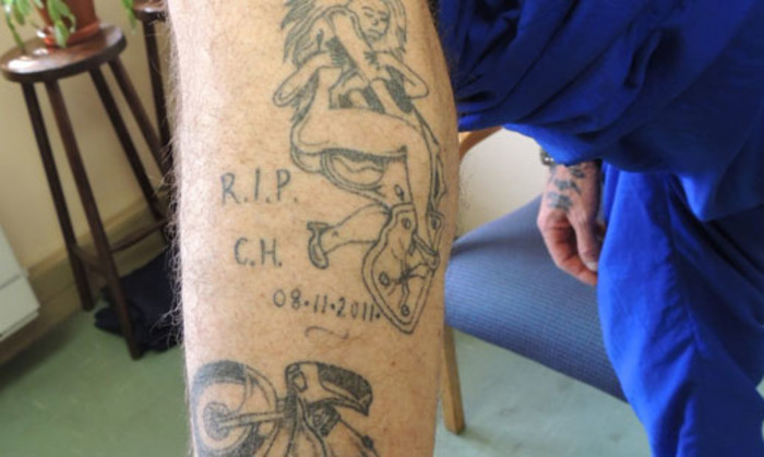 The tattoo on Willem Pieterse's calf in tribute to Chanelle Henning depicts the murder weapon, a .38 Special revolver and Pieterse's own Ninja motorcycle which he rode on the day of the hit. Picture: Supplied.