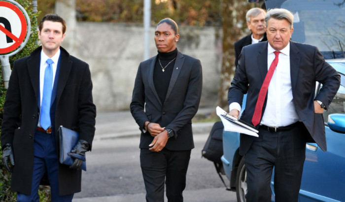 South African 800 metres Olympic champion Caster Semenya (C) and her lawyer Gregory Nott (R) arrive for a landmark hearing at the Court of Arbitration (CAS) in Lausanne on 18 February 2019. Picture: AFP.