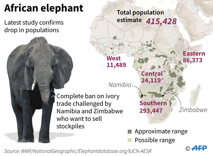 Graphic showing the estimated regional breakdown for African elephant populations.