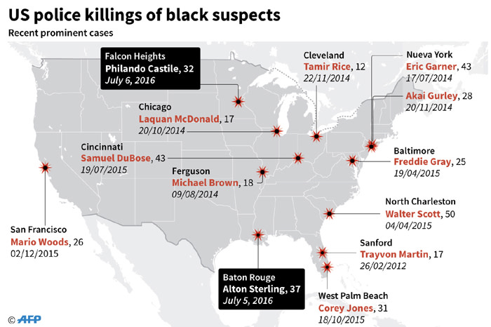 Map of the United States locating recent controversial police shootings of black men.