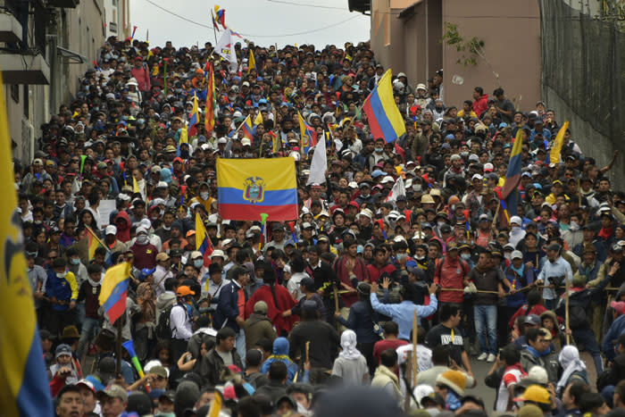 Ecuadorian protesters march against President Lenin Moreno's decision to slash fuel subsidies, in Quito on 9 October 2019. Picture: AFP