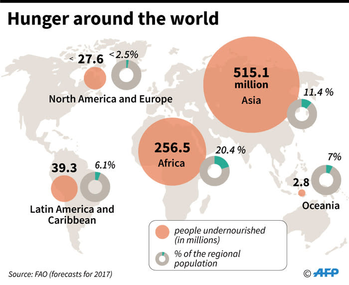 Map showing numbers of undernourished people by world region in 2017, according to the Food and Agriculture Organisation. Picture: AFP.

