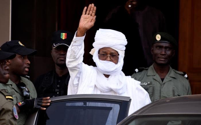 FILE: Former Chadian dictator Hissene Habre gestures as he leaves a Dakar courthouse after an identity hearing on 3 June 2015. Picture: AFP.