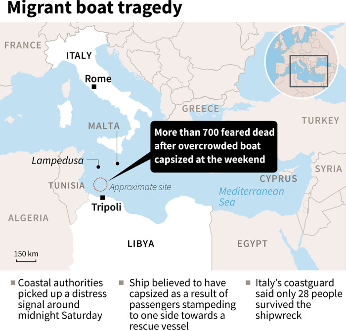 Map showing the Mediterranean where more than 700 migrants are feared dead after their boat keeled over at the weekend.