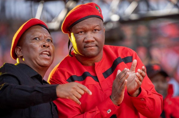 Economic Freedom Fighters (EFF) President Julius Malema (L) and Secretary General Marshall Dlamini (R) at the red berets' tenth anniversary rally at the FNB Stadium on Saturday, 29 July 2023. Picture: Eyewitness News/Rejoice Ndlovu
