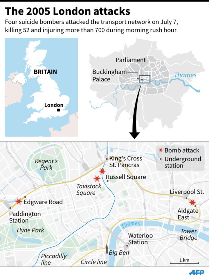 Map locating the 2005 London bombings. Britain on Tuesday marks 10 years since the attacks.