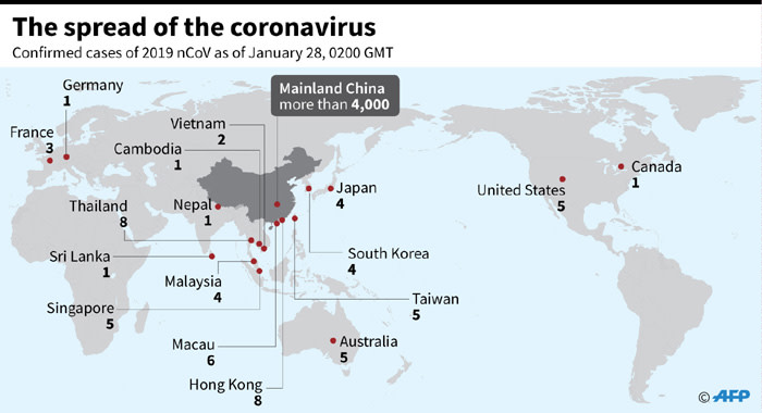A map showing countries and territories where cases of the China virus have been confirmed as of 28 January, 2020. Picture: AFP
