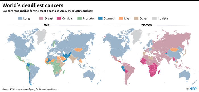 Types of cancer responsible for the most deaths by country and sex, according to the World Health Organization.