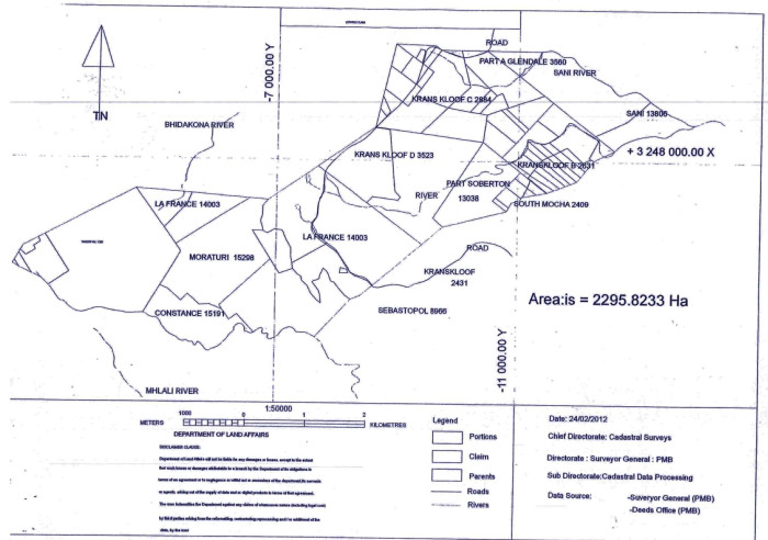 A map of the area in KwaZulu-Natal where the Luthuli clan is trying to reclaim. 
