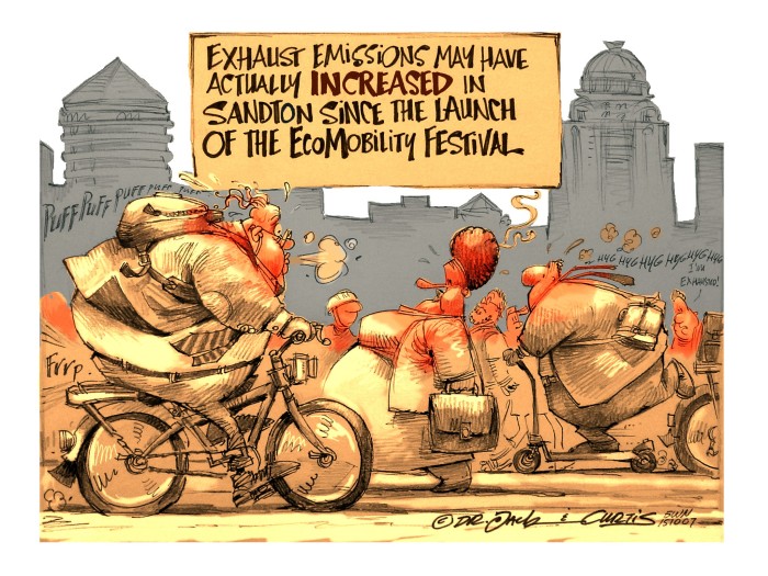 Cartoon: Is the EcoMobility Festival forcing motorists to exercise? Or is the heatwave exhausting us?