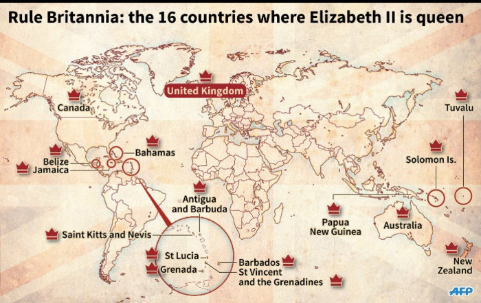 World map locating the 16 countries where Elizabeth II is queen.
