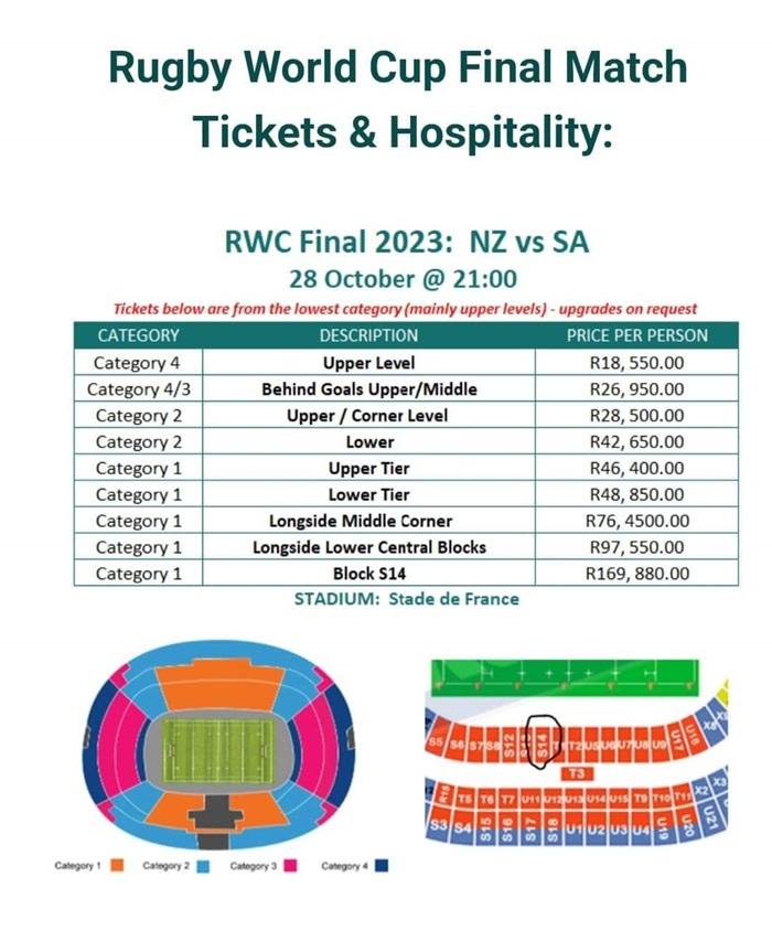 A graphic showing the ticket prices for the Rugby World Cup final is doing the rounds.