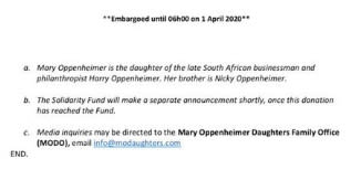 Mary Oppenheimer and daughters donate R1 billion to Solidarity Fund