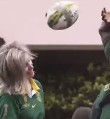 Screengrab from video of Rachel Kolisi being hit by a rugby ball during Springboks trophy tour on Instagram - RugbyPass @rugbypass