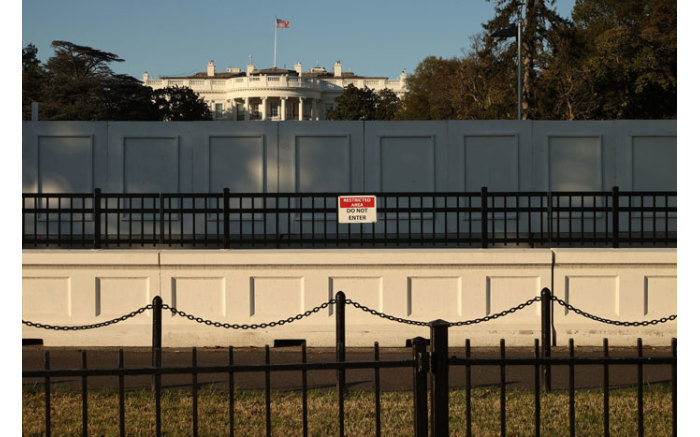 The south side of the White House on 2 November 2020 behind layers of fencing less than 24 hours before election day in Washington, DC.