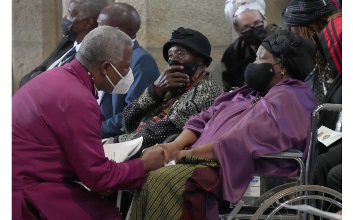 Archbishop of Cape Town Thabo Makgoba greets Leah Tutu during Tutu's requiem mass at St. George’s Cathedral. 