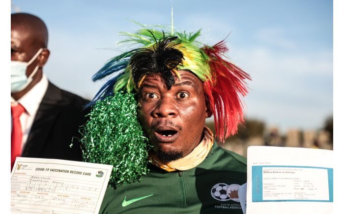 Excited fan outside the FNB Stadium for Bafana Bafana vs Ethiopia in a 2022 FIFA World Cup qualification match. Picture: Abigail Javier/EWN