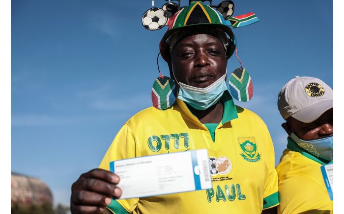 Excited fan outside the FNB Stadium for Bafana Bafana vs Ethiopia in a 2022 FIFA World Cup qualification match. Picture: Abigail Javier/EWN