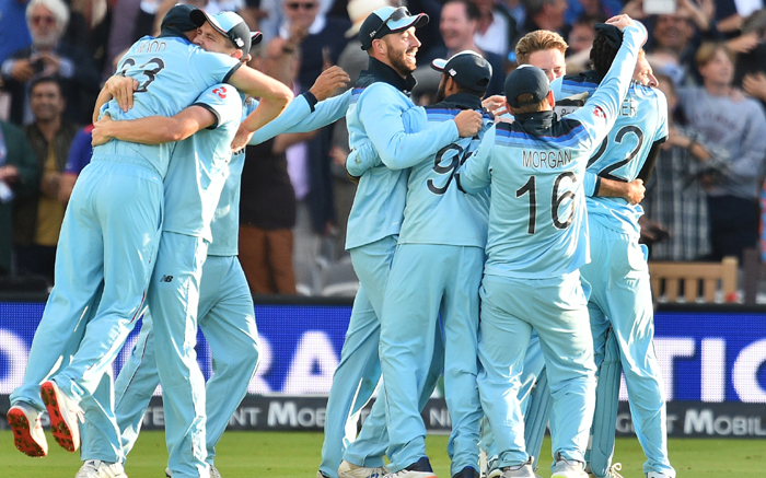 England players celebrate after winning the 2019 Cricket World Cup final between England and New Zealand at Lord's Cricket Ground in London on 14 July 2019. Picture: AFP.